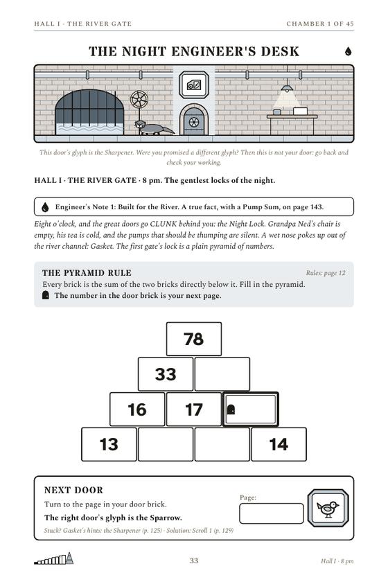 The first chamber page of Escape the Great Pump House: story text, an empty number pyramid and a Next Door box.