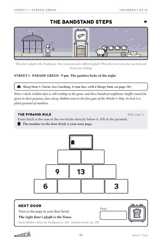 The first chamber page of Escape the Sleepwalking Town: story text, an empty number pyramid and a Next Door box.