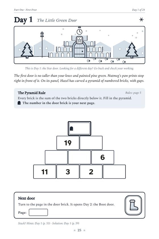 The first chamber page of Winter Countdown Escape: story text, an empty number pyramid and a Next Door box.