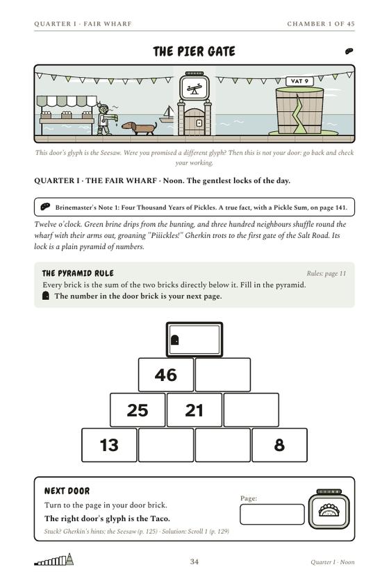 The first chamber page of Escape Zombie Wharf: story text, an empty number pyramid and a Next Door box.