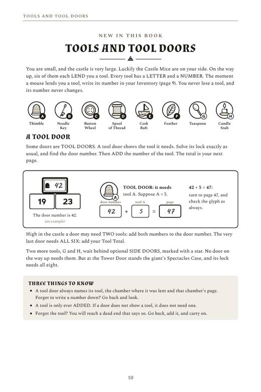 The Tools and Tool Doors page of Escape the Giant's Castle: the six tools with letters, a worked tool door example, and three things to know.