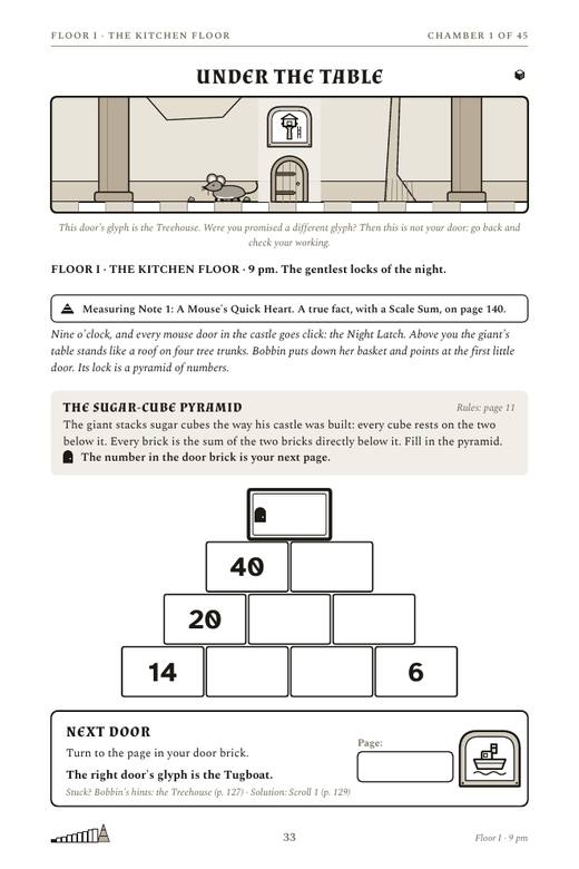 A chamber page of Escape the Giant's Castle on the Kitchen Floor: a row of drawn door, the lock rules, an empty number pyramid and a Next Door box.