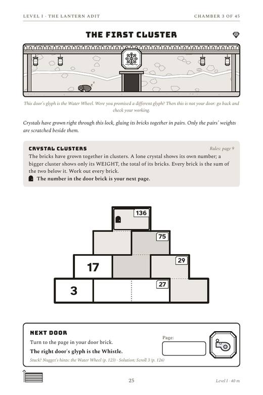 A chamber page of Escape the Crystal Mine: a drawn mine tunnel with a door, the Crystal Clusters rule, a partly filled number pyramid and a Next Door box.