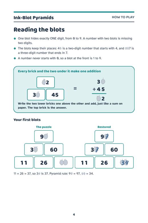 The How to Play page of Ink-Blot Pyramids, explaining the pyramid rule and the ink blots.