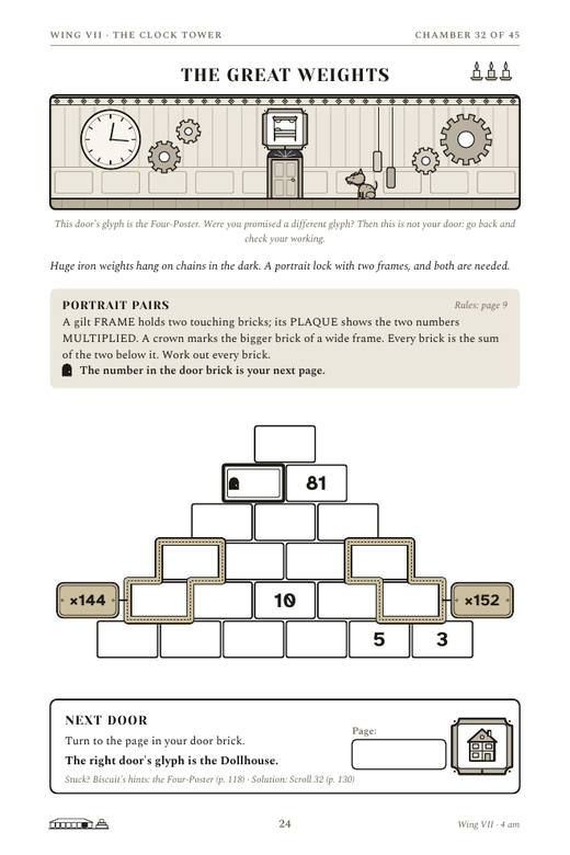 A chamber page of Escape the Mansion After Dark showing the Portrait Pairs lock: a pyramid with framed pairs and product plaques, and a Next Door box.