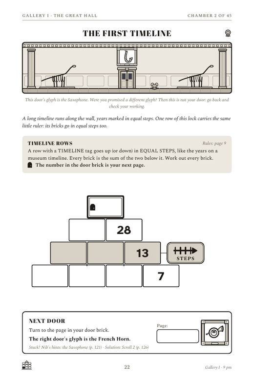 A chamber page of Escape the Museum After Dark showing the Timeline Rows lock: a pyramid with a timeline tag marked STEPS, and a Next Door box.