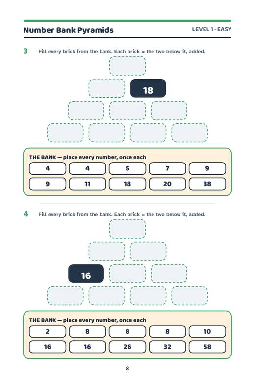 A Level 1 puzzle page of Number Bank Pyramids: an empty pyramid beside a bank of numbers.