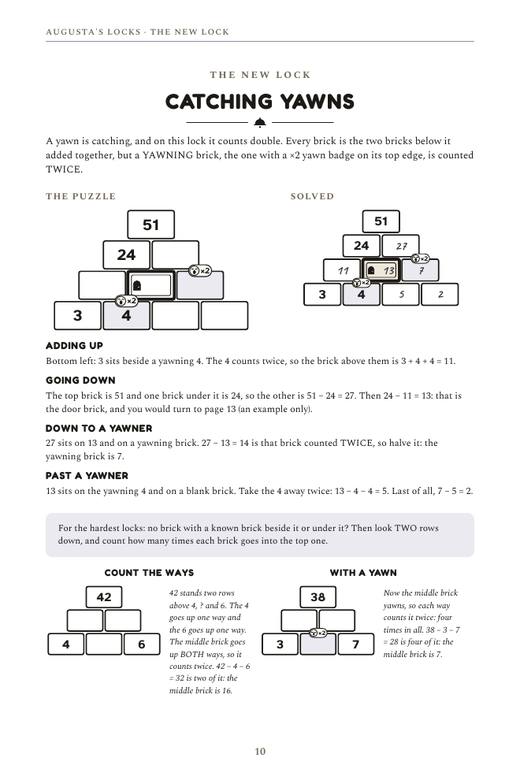 The New Lock page of Escape the Sleepwalking Town explaining Catching Yawns, with a puzzle and its solved version side by side.