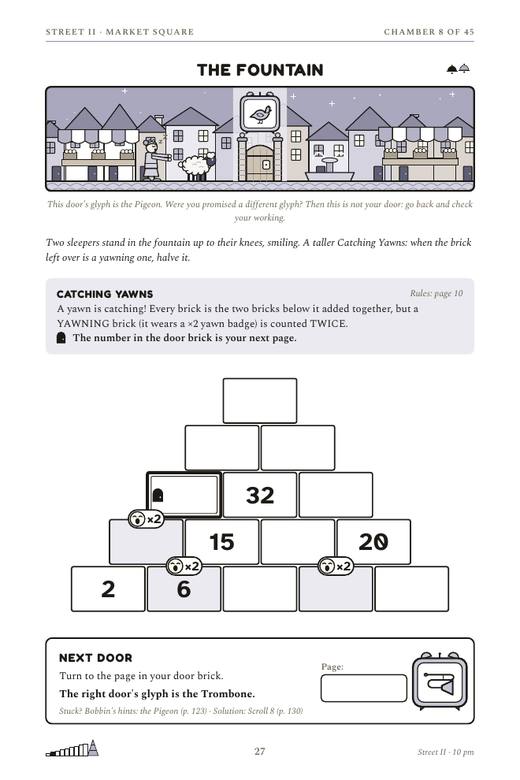 A chamber page of Escape the Sleepwalking Town showing a Catching Yawns lock with yawn badges, and a Next Door box.