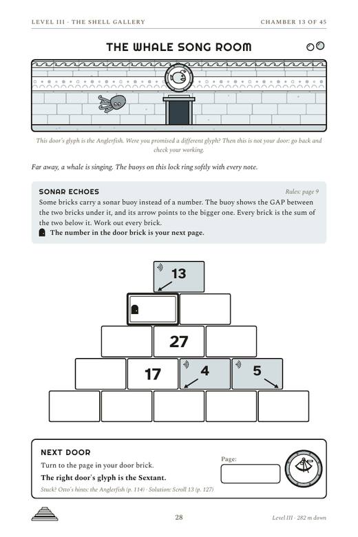A chamber page of Escape the Sunken Pyramid showing the Sonar Echoes lock: a pyramid with buoy bricks and arrows, and a Next Door box.