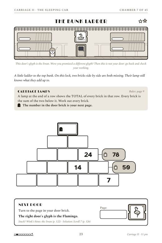 A chamber page of Escape the Night Train showing the Carriage Lamps lock: a pyramid with lamp totals at the ends of two rows, and a Next Door box.