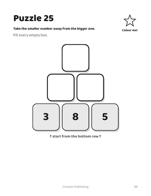 A page from Pyramid Subtraction Adventures: Puzzle 25, a pyramid with the bottom row showing 3, 8 and 5 and the boxes above left empty, with the instruction to take the smaller number away from the bigger one.