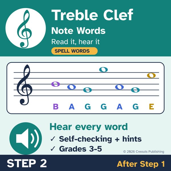 Treble Clef Note Words: Read the Notes, Hear the Word, a self-checking Boom Learning deck cover