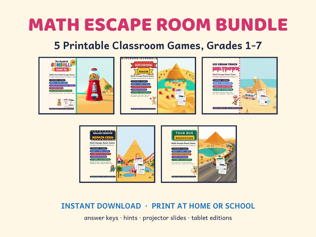 Math Escape Room Bundle, Grades 1 to 7, first picture of its Etsy listing