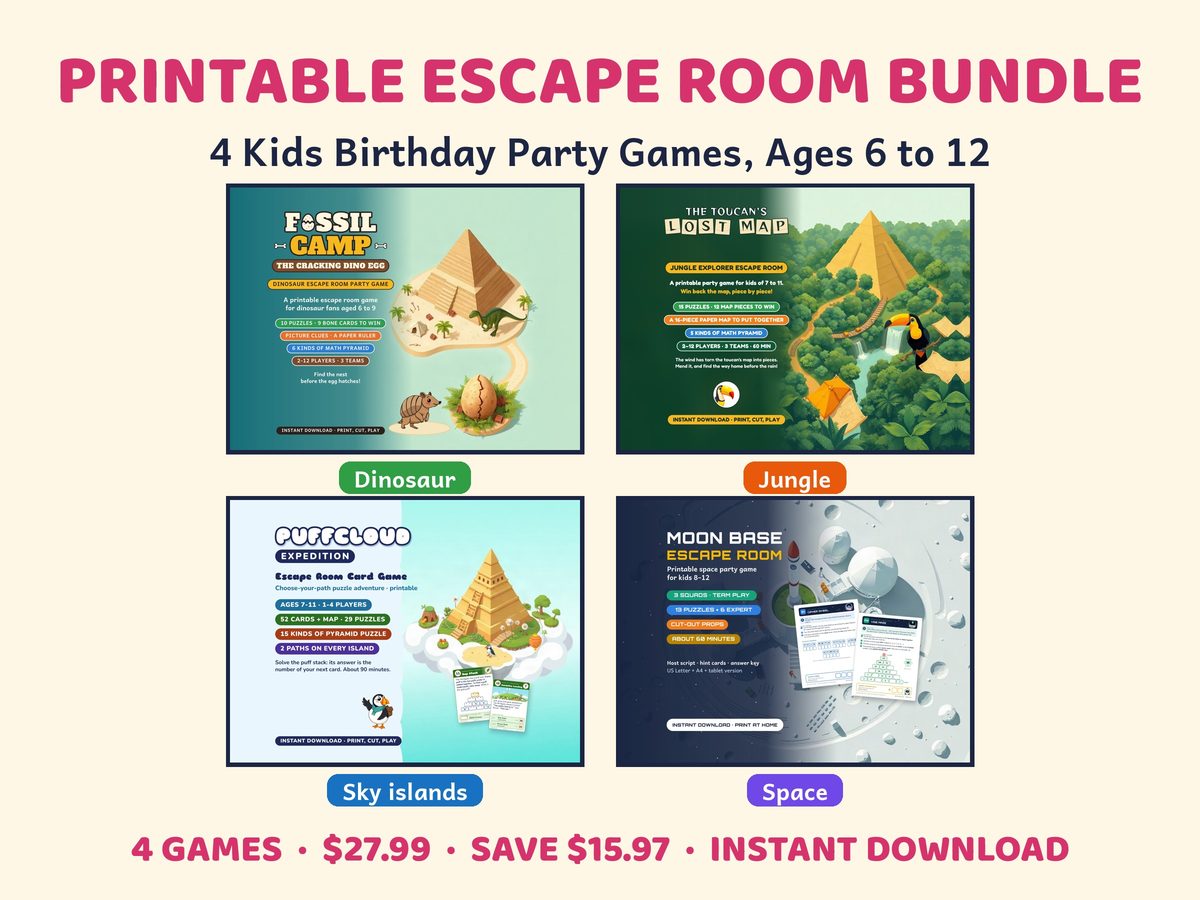 Printable Escape Room Bundle for Kids, Birthday Parties, shown as the first picture of its Etsy listing