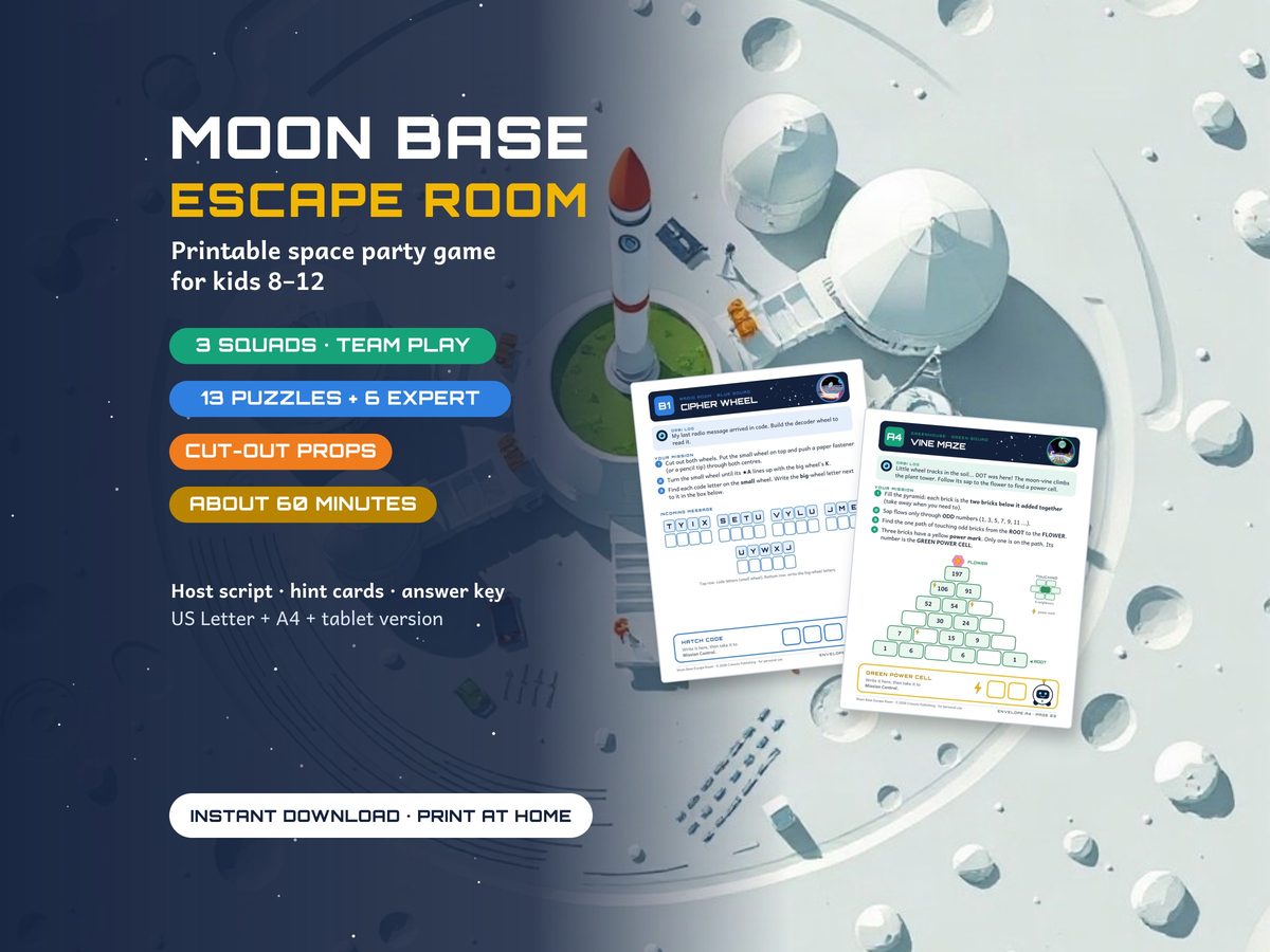 Moon Base Escape Room, first picture of its Etsy listing