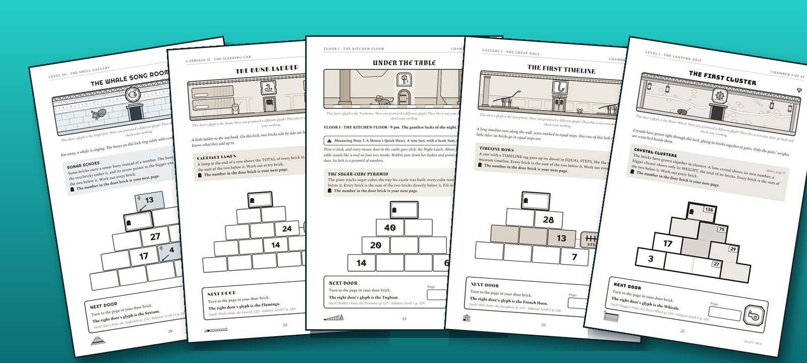 Five chamber pages from our puzzle adventure gamebooks fanned out: the Sunken Pyramid, the Night Train, the Giant's Castle, the Museum After Dark and the Crystal Mine. Each shows a drawn door, a short story, a number pyramid to solve and a Next Door box.