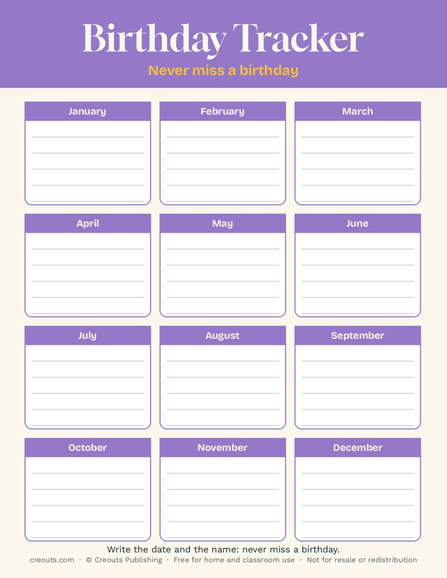 Birthday Tracker: Free Printable
