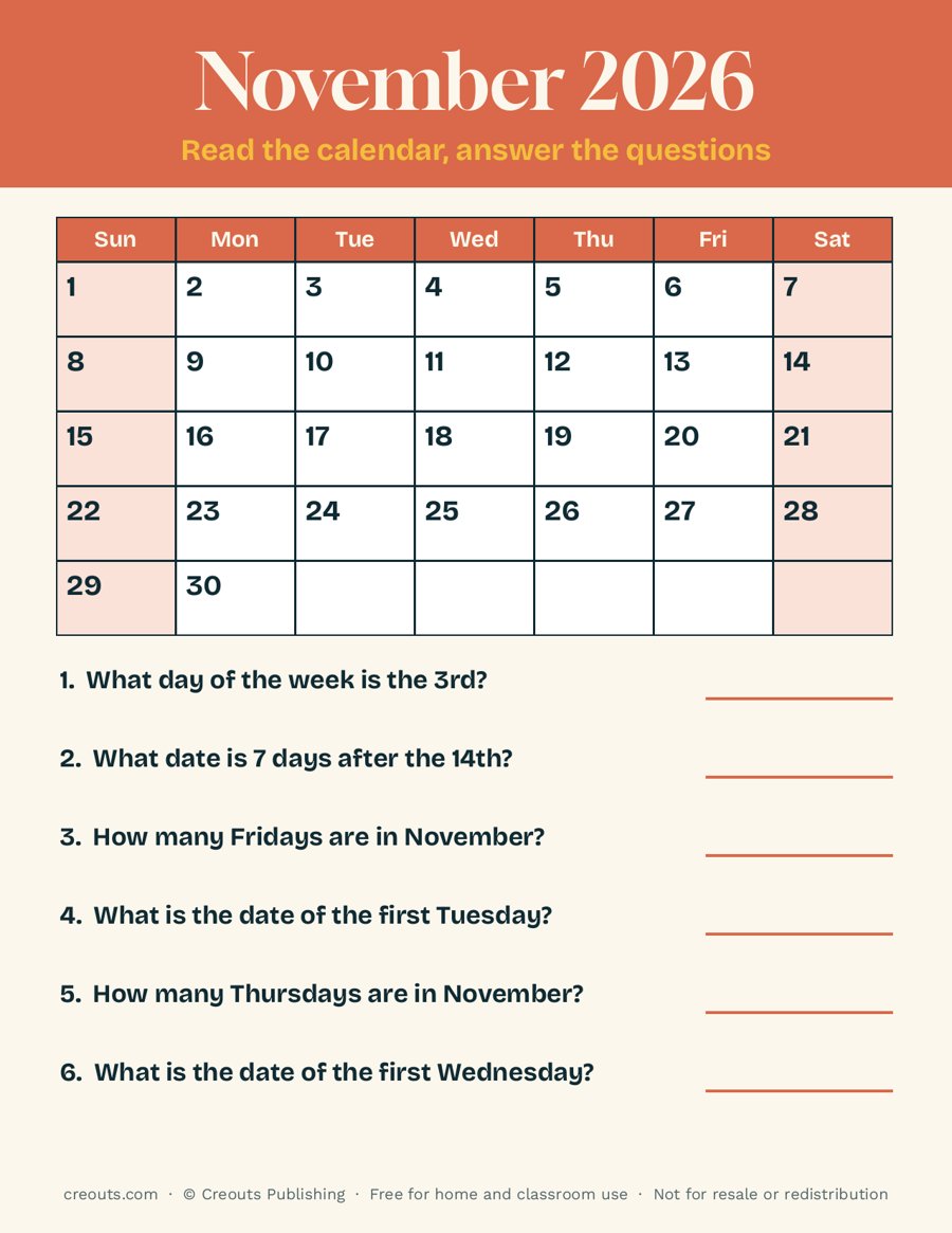 November 2026 Calendar Reading Practice: Free Printable Worksheet