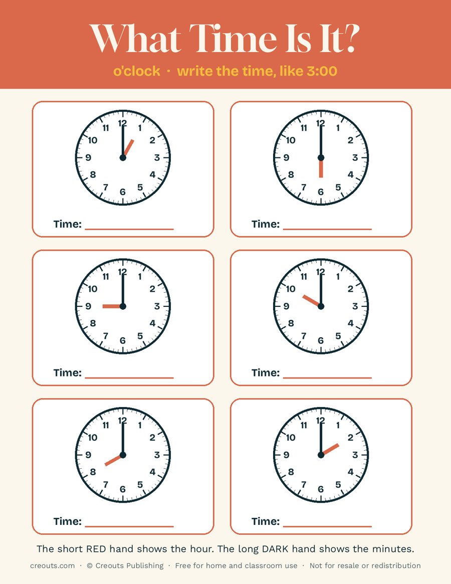 Clock Reading Practice, o'clock: Free Printable Worksheet 1