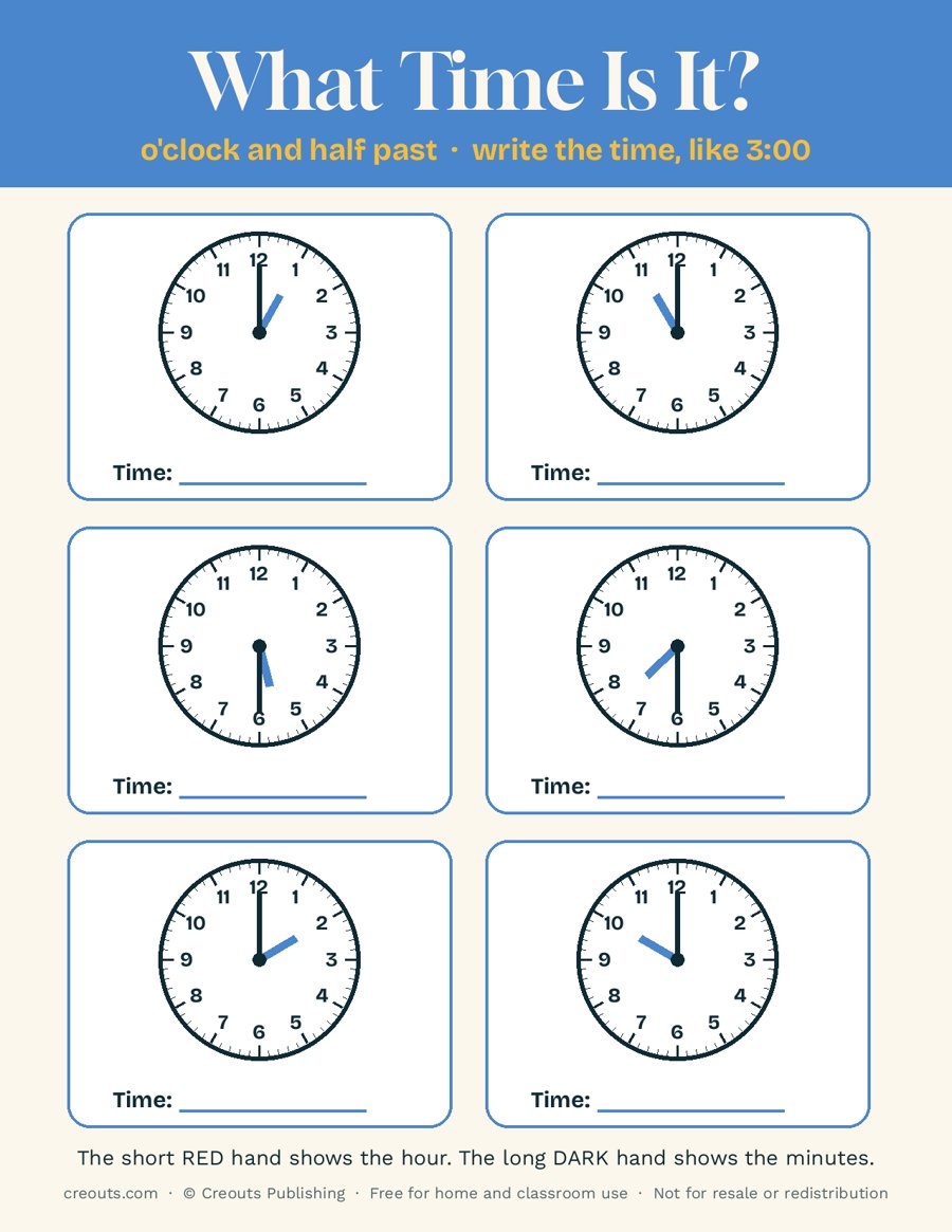 Clock Reading Practice, o'clock and half past: Free Printable Worksheet 2