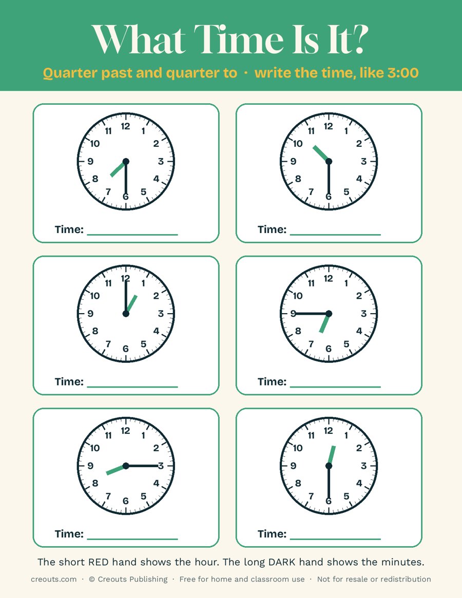 Clock Reading Practice, Quarter past and quarter to: Free Printable Worksheet 3