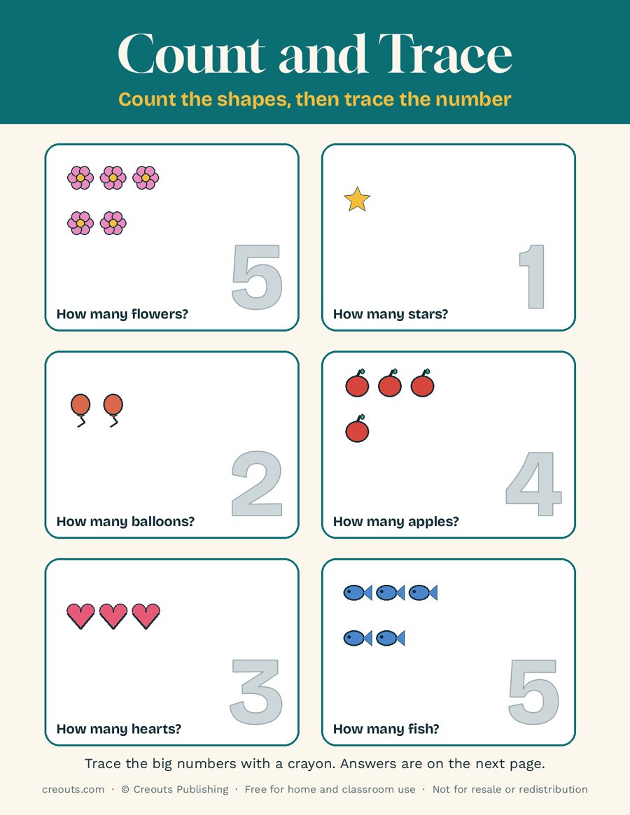 Count and Trace Numbers 1 to 5: Free Toddler Printable 1