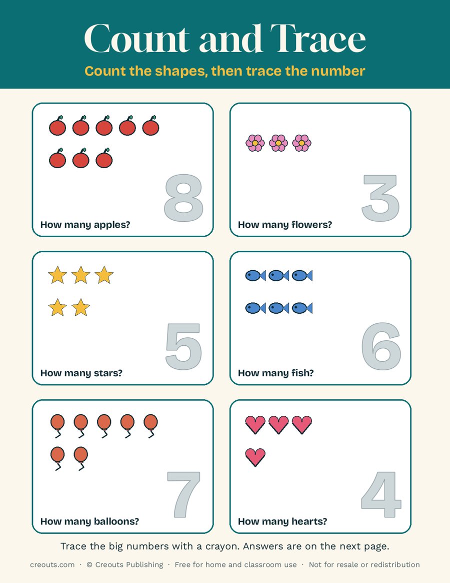 Count and Trace Numbers 3 to 8: Free Toddler Printable 2