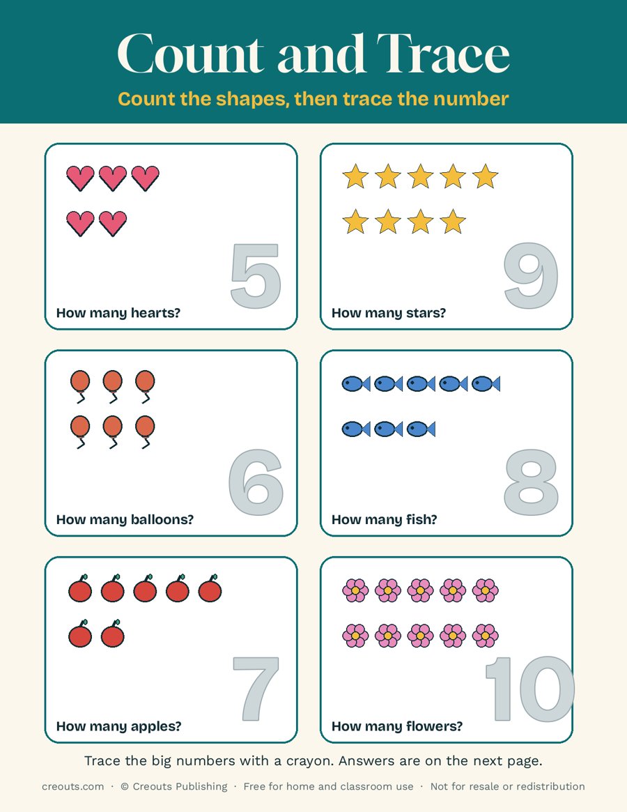 Count and Trace Numbers 5 to 10: Free Toddler Printable 3