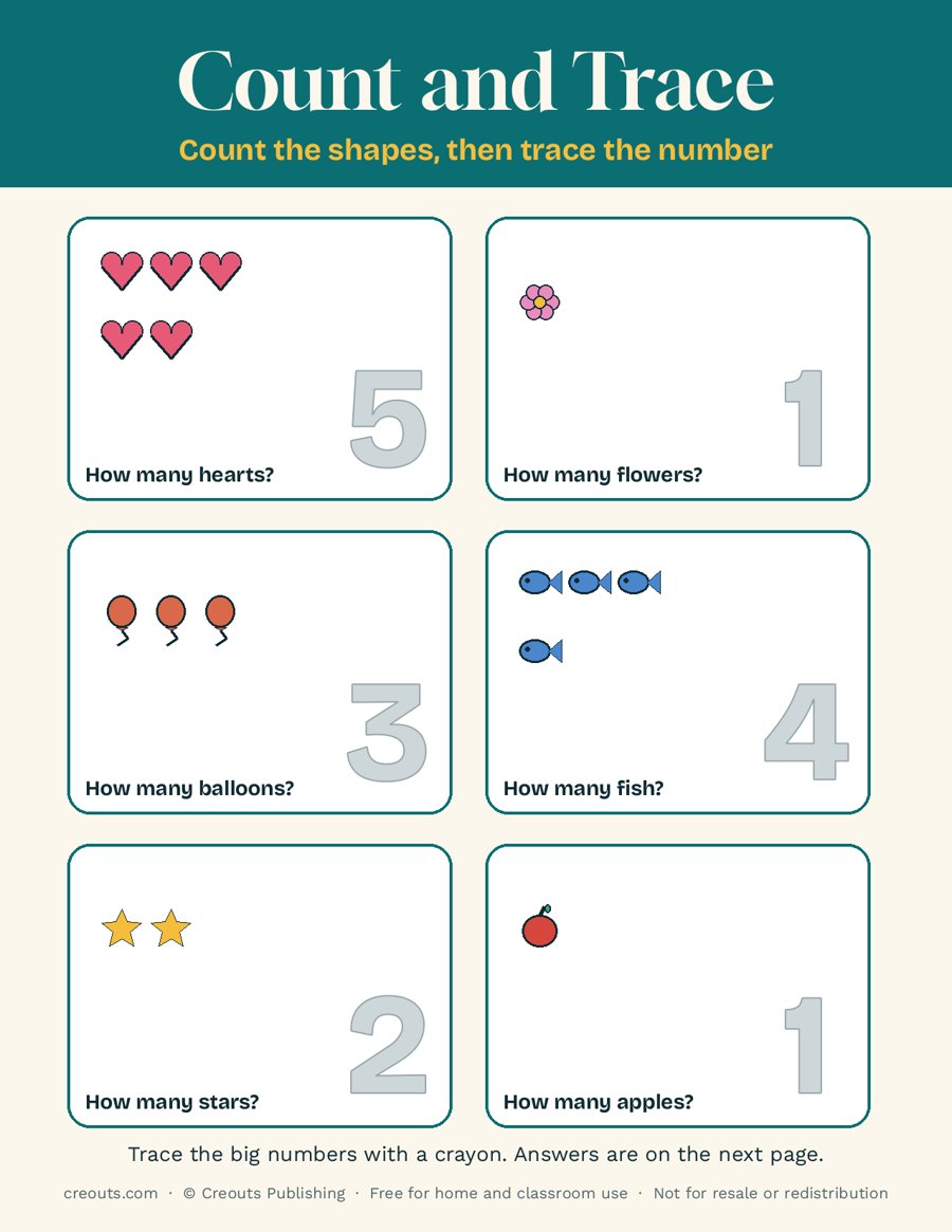 Count and Trace Numbers 1 to 5: Free Toddler Printable 4