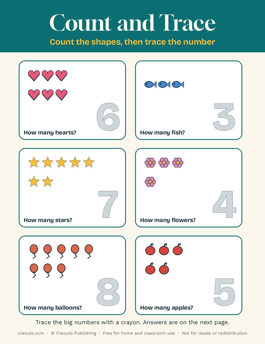 Count and Trace Numbers 3 to 8: Free Toddler Printable 5