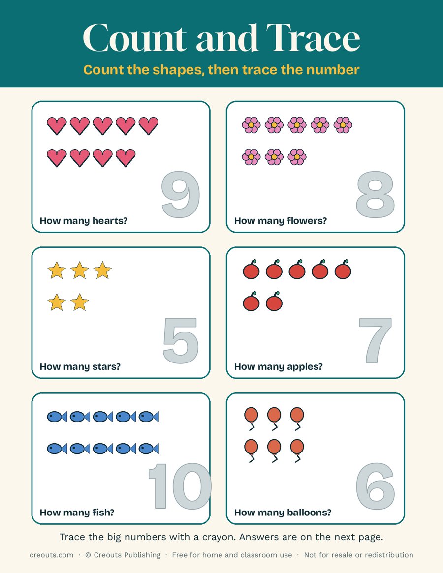 Count and Trace Numbers 5 to 10: Free Toddler Printable 6