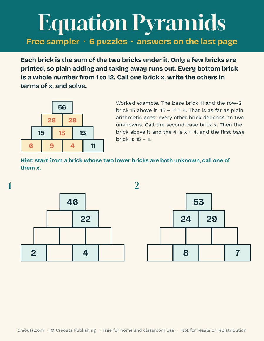 Equation Pyramids: Free Printable Sampler with Answers: preview of page 1