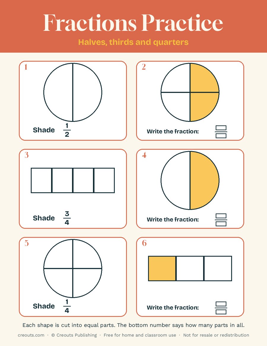 Fractions Practice Sheet 1: Shade and Name Fractions (Halves, Thirds and Quarters)