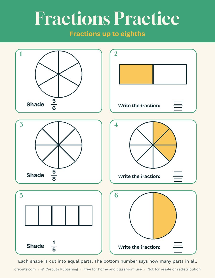 Fractions Practice Sheet 2: Shade and Name Fractions (Up to Eighths)