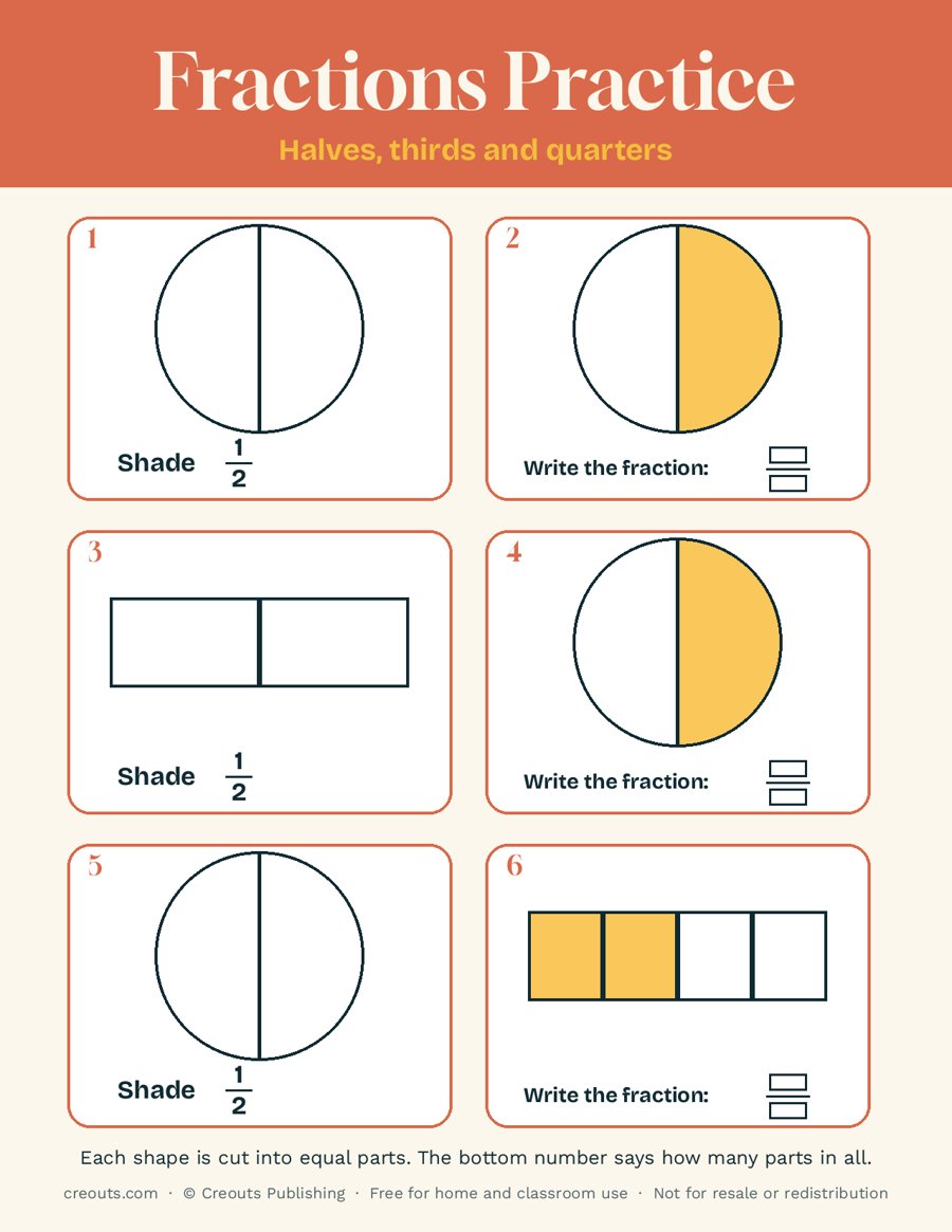 Fractions Practice Sheet 4: Shade and Name Fractions (Halves, Thirds and Quarters)