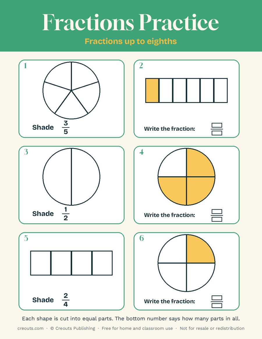 Fractions Practice Sheet 5: Shade and Name Fractions (Up to Eighths)