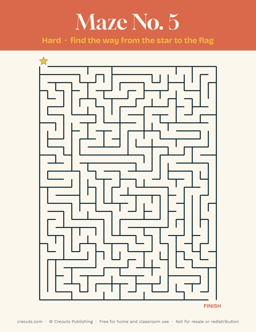 Printable Maze No. 5 (Hard) with Solution