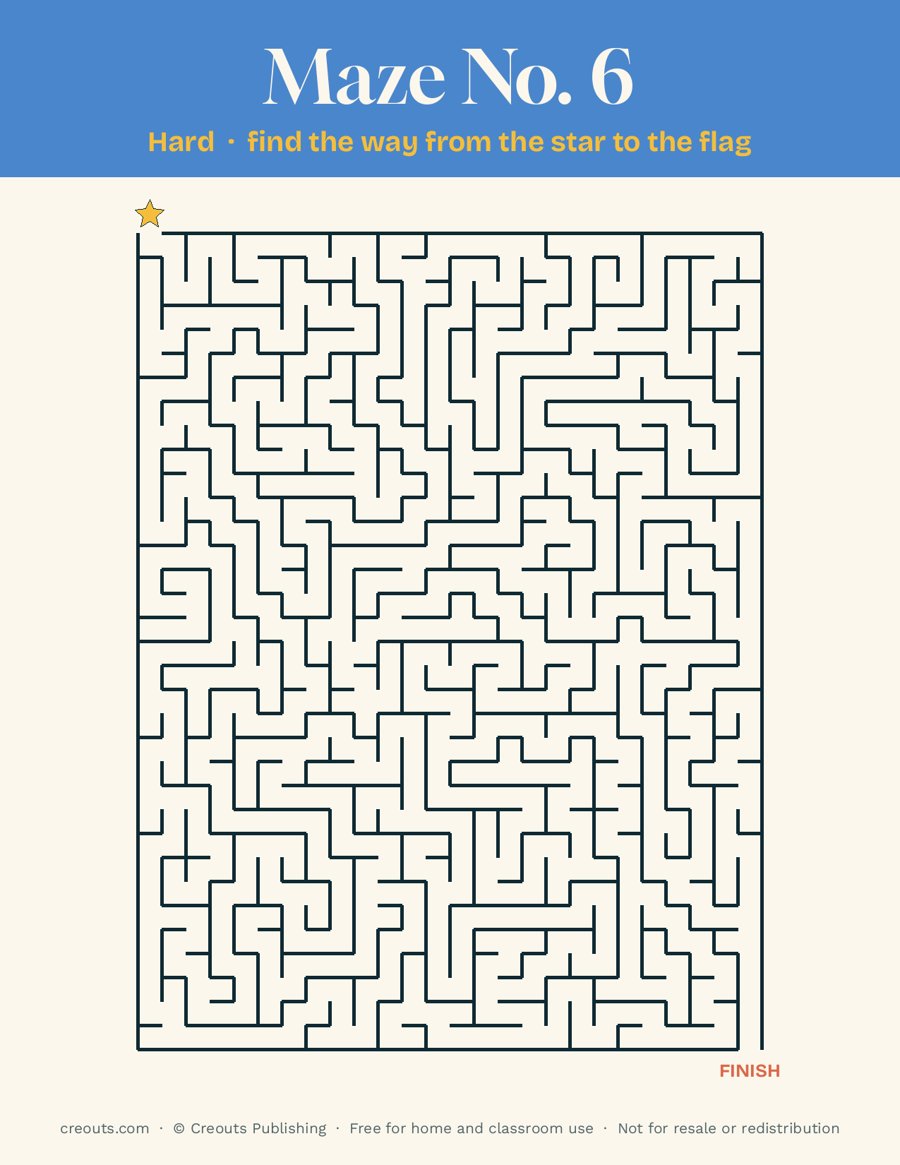 Printable Maze No. 6 (Hard) with Solution
