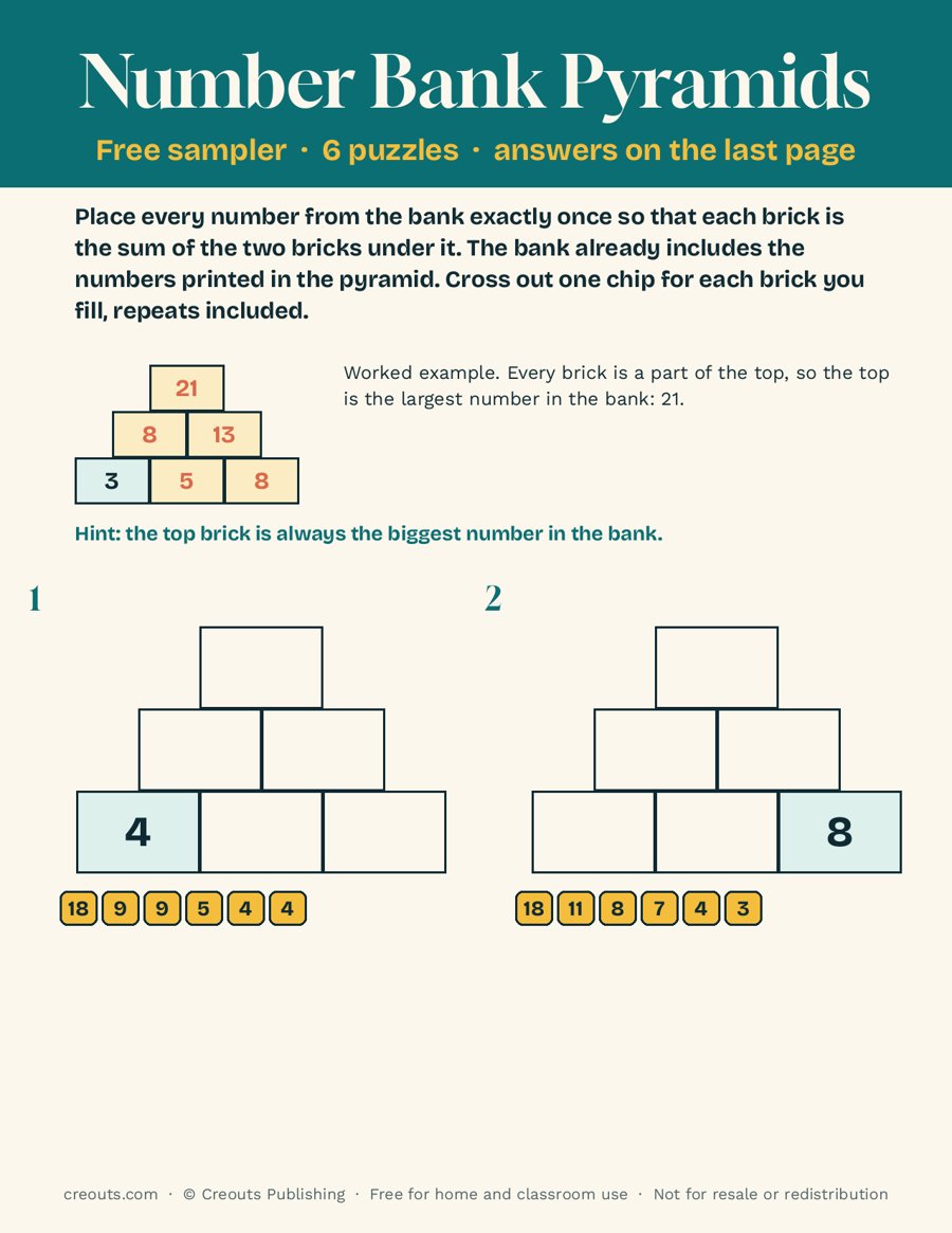 Number Bank Pyramids: Free Printable Sampler with Answers