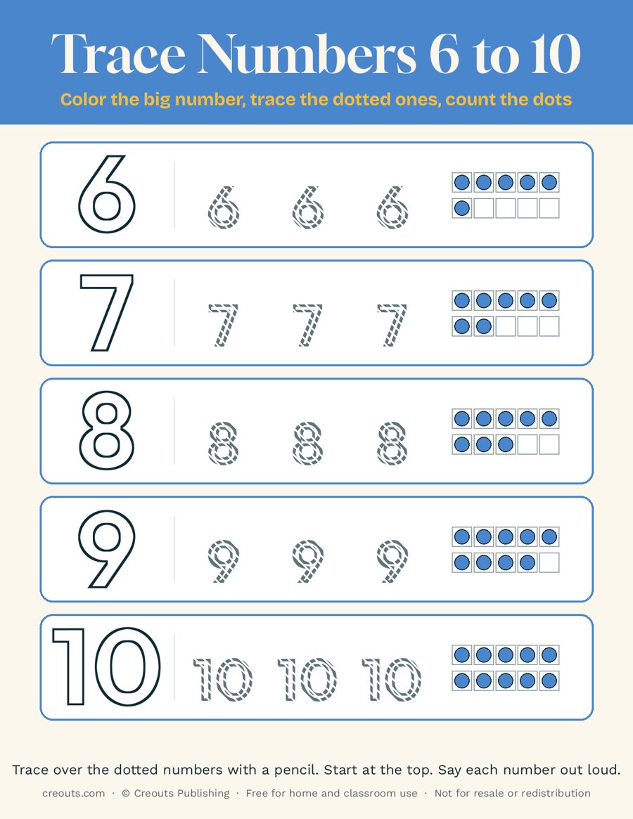 Number Tracing 6 to 10: Free Printable for Toddlers and Preschool