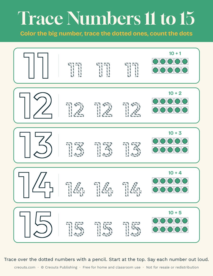 Number Tracing 11 to 15: Free Printable for Toddlers and Preschool