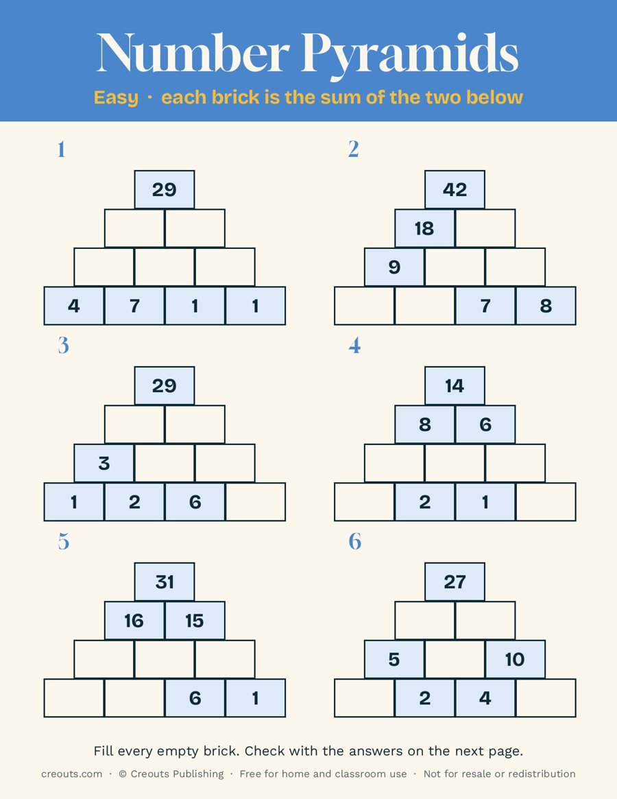 Number Pyramid Puzzles, Easy: Free Printable Sheet 2