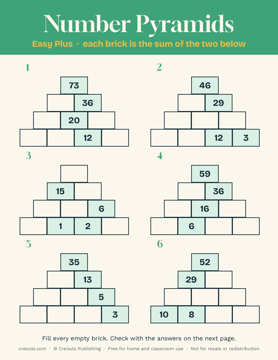 Number Pyramid Puzzles, Easy Plus: Free Printable Sheet 3