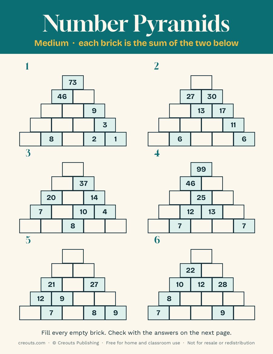 Number Pyramid Puzzles, Medium: Free Printable Sheet 4