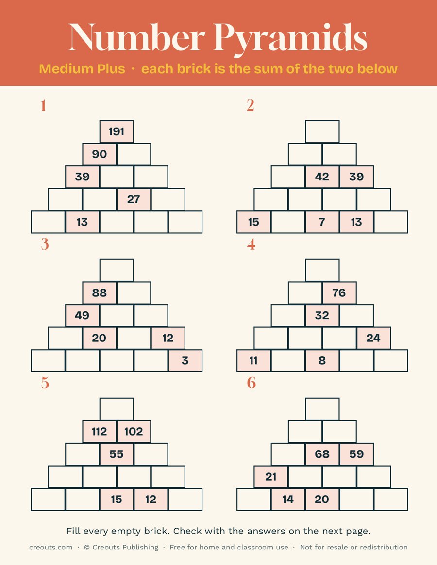 Number Pyramid Puzzles, Medium Plus: Free Printable Sheet 5