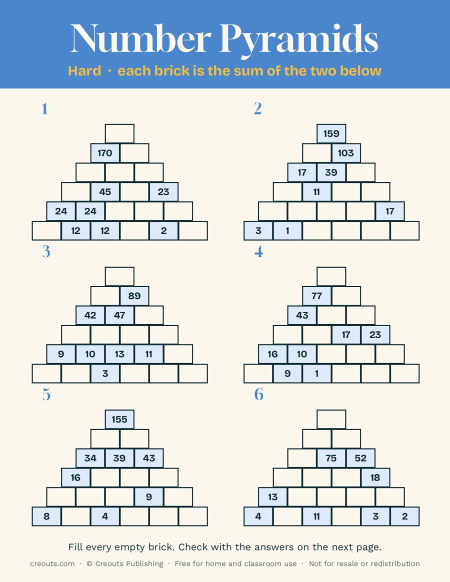 Number Pyramid Puzzles, Hard: Free Printable Sheet 6