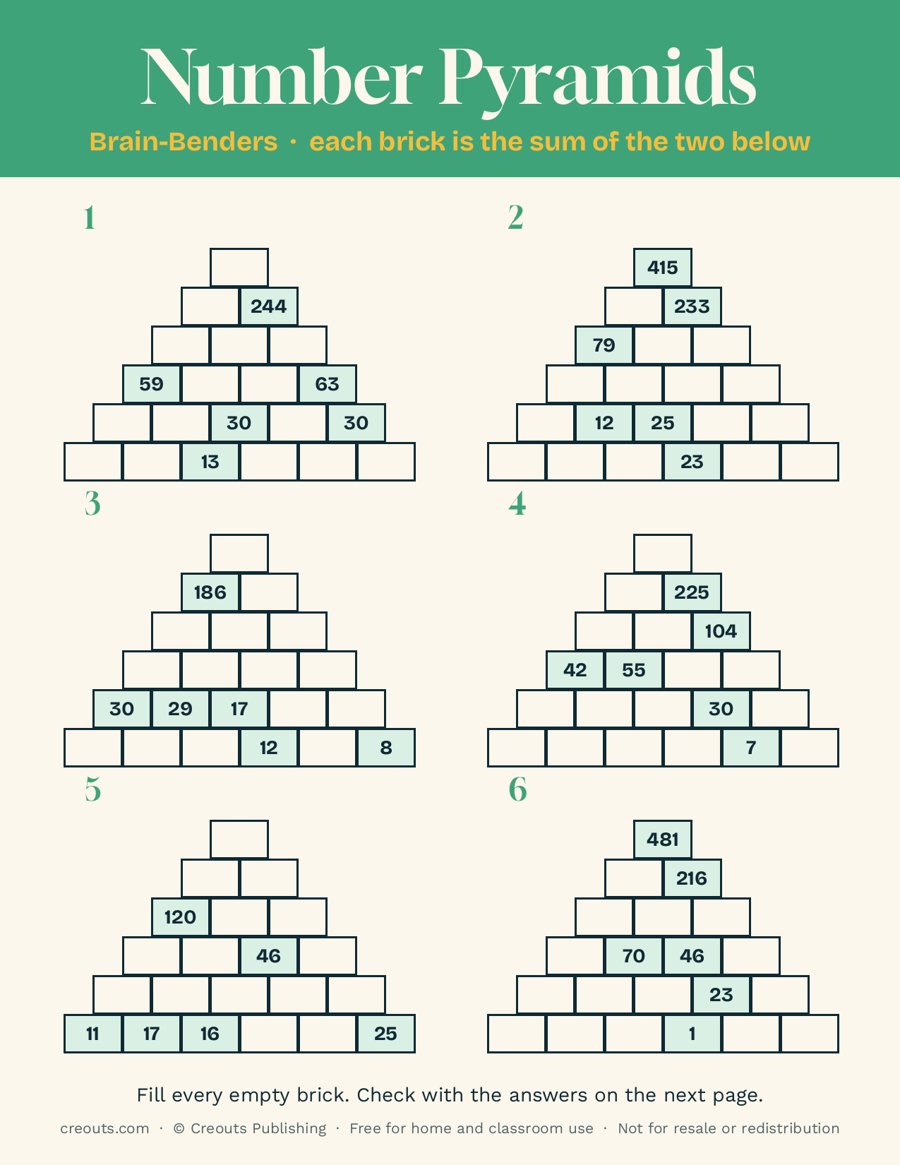 Number Pyramid Puzzles, Brain-Benders: Free Printable Sheet 7