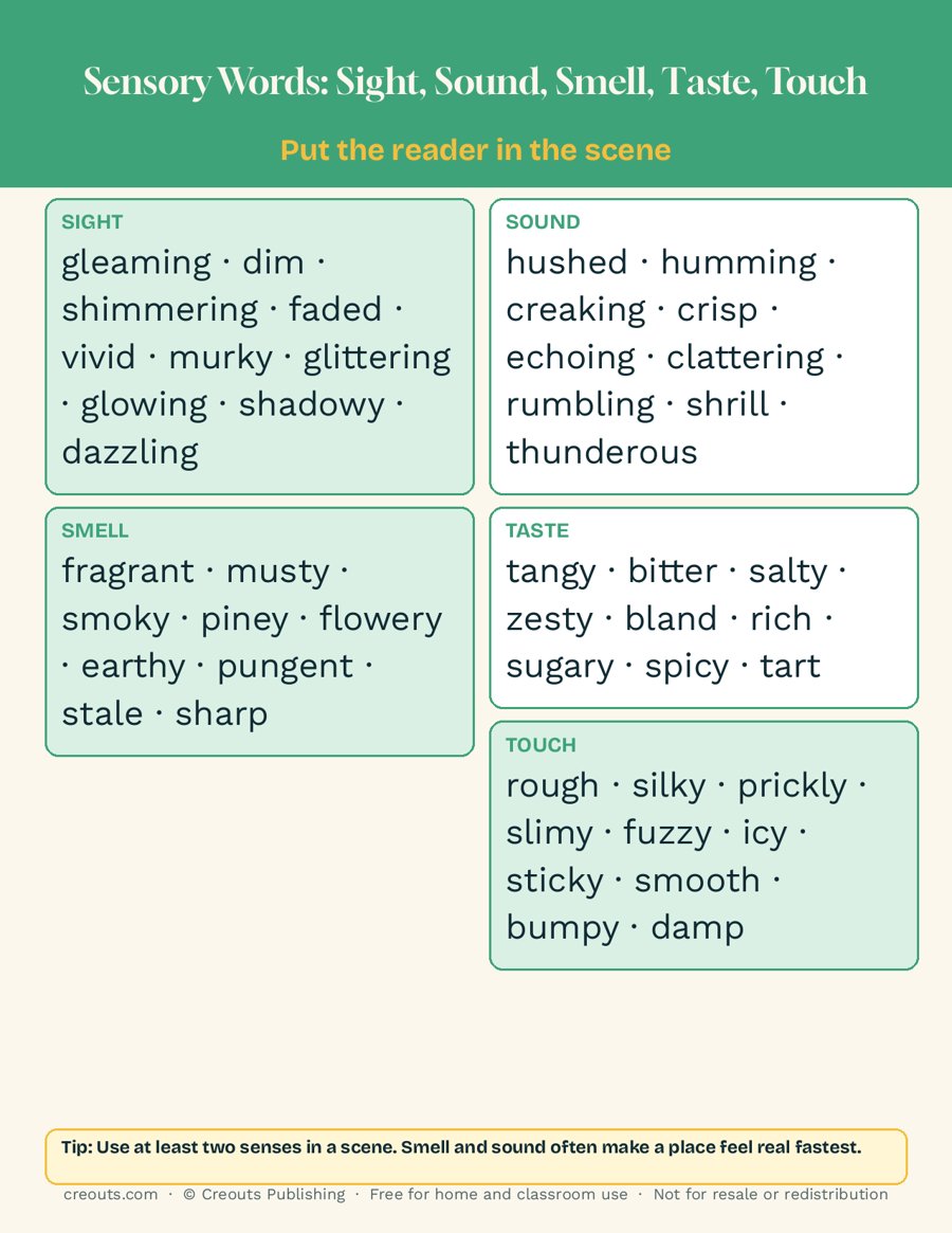 Sensory Words: Sight, Sound, Smell, Taste, Touch: Free One-Page Word List