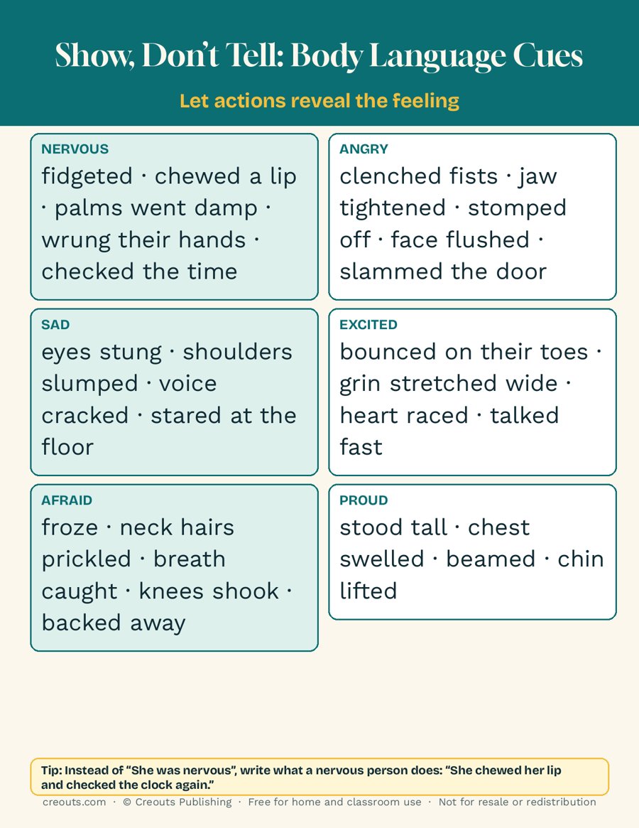 Show, Don’t Tell: Body Language Cues: Free One-Page Word List